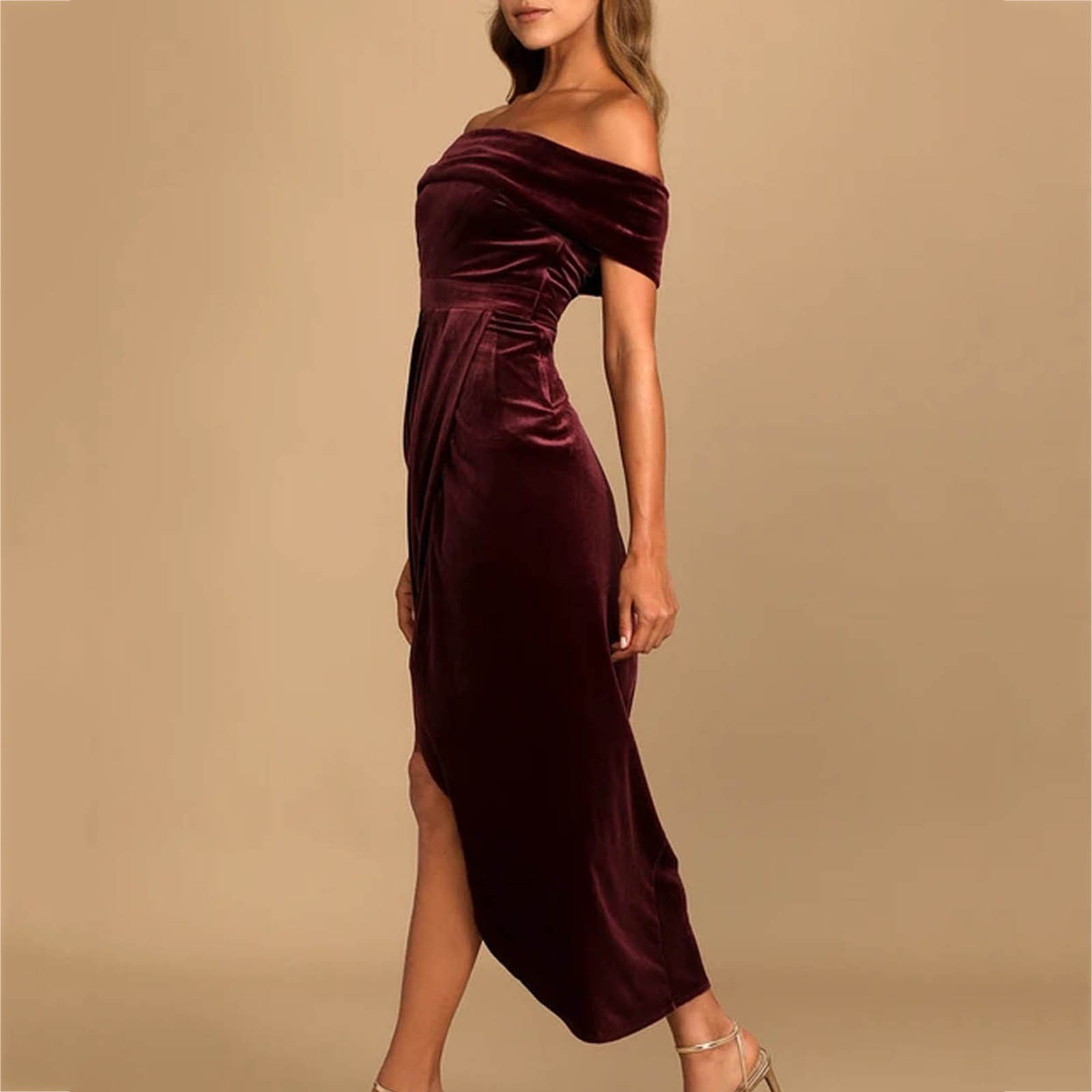 thumbnail image 3 of Vestido de terciopelo con un hombro al descubierto para mujer - Poliéster y spandex, elegante para la noche y la playa, 3 of 8